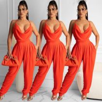 Fashion Sexy Loose Back Deep V Solid Color Jumpsuit