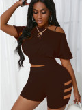 Shredded Strapless Fashion Sports Short Two-Piece Suit