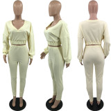 Peach Heart V-Neck Long-Sleeved Trousers Solid Color Two-Piece Suit