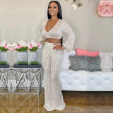 Fashion Sexy V-Neck Puff Sleeve + Wide-Leg Pants Two-Piece Suit