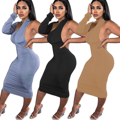 Fashion One Shoulder Long Sleeve Halter Neck Sexy Halter Dress