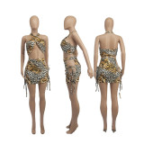 Leopard Print Lace Cross Tube Top Halter Fashion Skirt Set