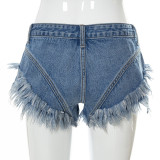 Solid Color Sexy Low-Waisted Denim Shorts With Raw Edges And Hips