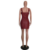 Sexy Temperament Sling Two-End Zipper Leather Dress