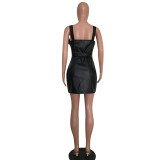 Sexy Temperament Sling Two-End Zipper Leather Dress