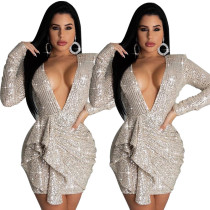 Deep V-Neck Halter Back Sequined Buttocks Sexy Dress