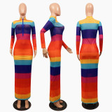 Mesh And Rainbow Stripes Print Sexy One-Piece Dress