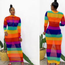 Mesh And Rainbow Stripes Print Sexy One-Piece Dress