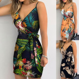 V-Neck Printed Lace-Up Wrap Sexy Dress