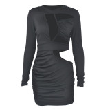 Hollow Pleated Sexy Long-Sleeved Tight-Fitting Dress