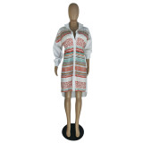 Colorblock Striped Printed Shirt Dress With Polo Collar