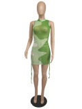 Mesh Print Contrast Color Drawstring Sleeveless Dress