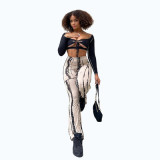 Sexy Halter Hollow Spotted Element Print Fashion Set