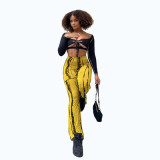 Sexy Halter Hollow Spotted Element Print Fashion Set