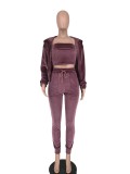 Sexy Solid Color Hooded Wrap Chest Elastic Three-Piece Suit