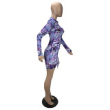 Printed Pleated Tight-Fitting Long-Sleeved Dress