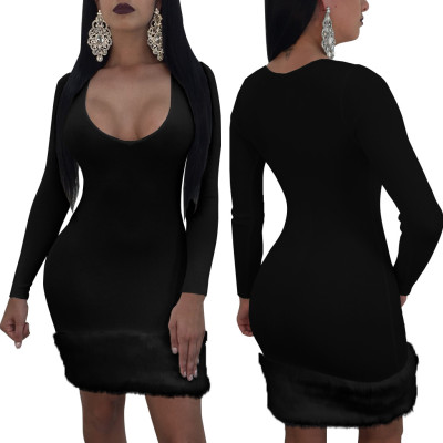 Pure Color Plush Stitching Round Neck Long Sleeve Dress