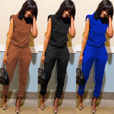 Pure Color Hooded Shoulder Pad Short-Sleeved Pants Suit