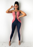 Wrapped Chest Sexy Strappy Contrast Color Cutout Jumpsuit