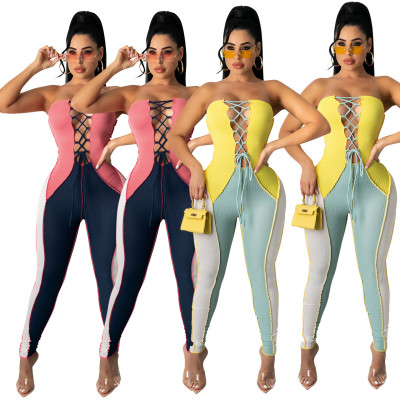 Wrapped Chest Sexy Strappy Contrast Color Cutout Jumpsuit