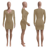 Deep V-neck Slim Sexy Long Sleeve Short Skirt Dress