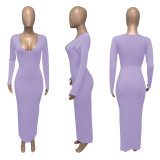 Solid Color Deep V-neck Slim Sexy Dress