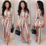 Fashion Striped Print Sexy Back Hollow Wide Leg Pants Two-Piece Suit