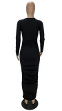 Solid Color Long Sleeve Pleated Dress