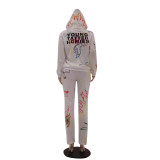 Fashion Hooded Positioning Printed Sweater And Trousers Suit
