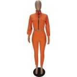 Pure Color Zipper Lantern Sleeve Casual Two-Piece Suit