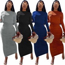 Fashion Solid Color Long Sleeve Round Neck Pullover Skirt Suit