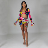 Fashion Sexy Print Long-Sleeved Short Three-Piece Suit