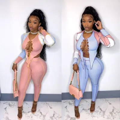 Sexy Bandage Irregular Color Matching High Elastic Two-Piece Suit