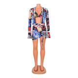 Fashion Sexy Print Long-Sleeved Short Three-Piece Suit