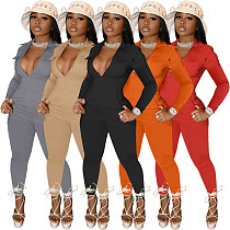 High Waist Solid Color 4 Pocket Sexy Long-Sleeved Trousers Jumpsuit