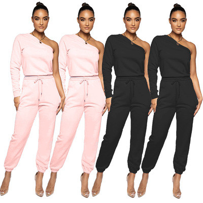 Sweater Solid Color Diagonal Trousers Casual Two-Piece Suit