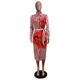 Fashion Sexy V-Neck Stripe Print Single-Breasted Dress