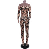 Autumn Leopard Print Drawstring Pleated One-Shoulder Jumpsuit