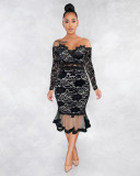 Sexy One-Shoulder Long-Sleeved Lace Mermaid Skirt See-Through Dress