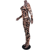 Autumn Leopard Print Drawstring Pleated One-Shoulder Jumpsuit