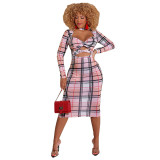 Autumn New Style Long-sleeved Nude Sexy Plaid Dress