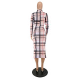 Autumn New Style Long-sleeved Nude Sexy Plaid Dress