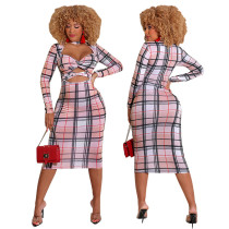 Autumn New Style Long-sleeved Nude Sexy Plaid Dress