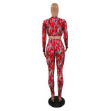 Fashion Tie Wrap Chest Printed Long-sleeved Trousers Two-piece suit