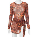 Autumn Print Long-sleeved Mesh See-through Sexy Two-piece Suit
