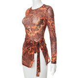 Autumn Print Long-sleeved Mesh See-through Sexy Two-piece Suit