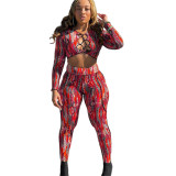 Fashion Tie Wrap Chest Printed Long-sleeved Trousers Two-piece suit