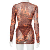 Autumn Print Long-sleeved Mesh See-through Sexy Two-piece Suit