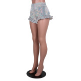Fashion Pleated Ruffled Laser Glass Floral Mini Shorts