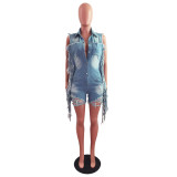 New Style Ripped Fashion All-match Fringed Denim Jumpsuit